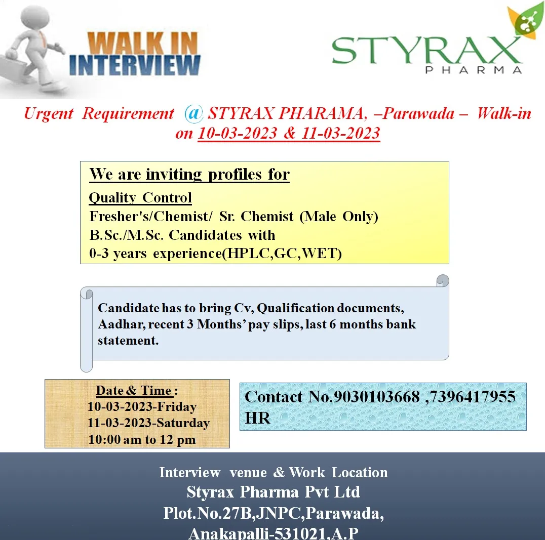 STYRAX PHARMA hiring fresher and experienced candidates for quality control department