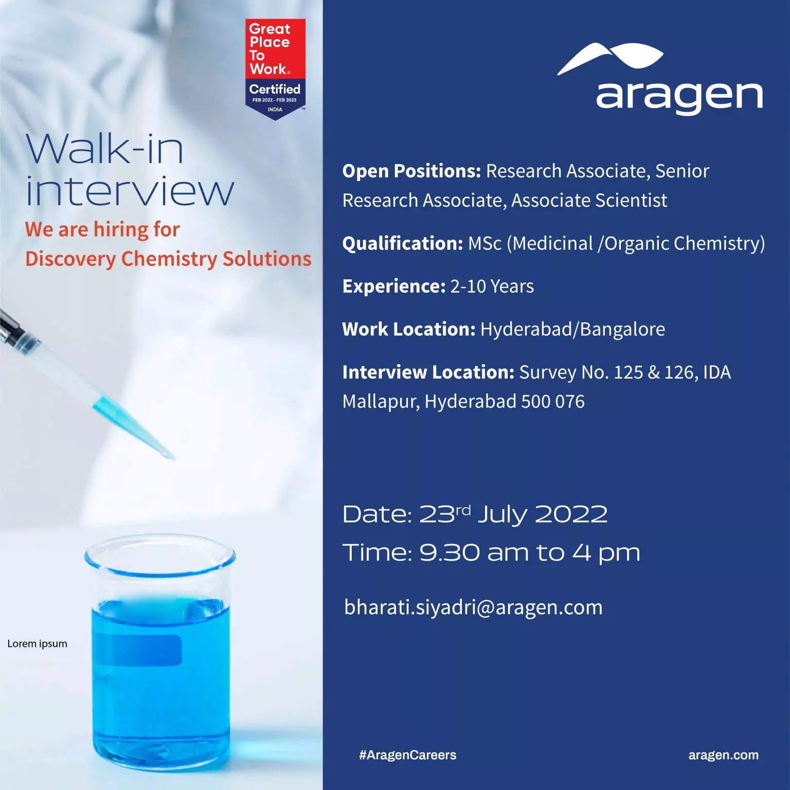 Aragen Lifesciences walk in - Discovery Chemistry Solutions Aragen Lifesciences walk in - Discovery Chemistry Solutions