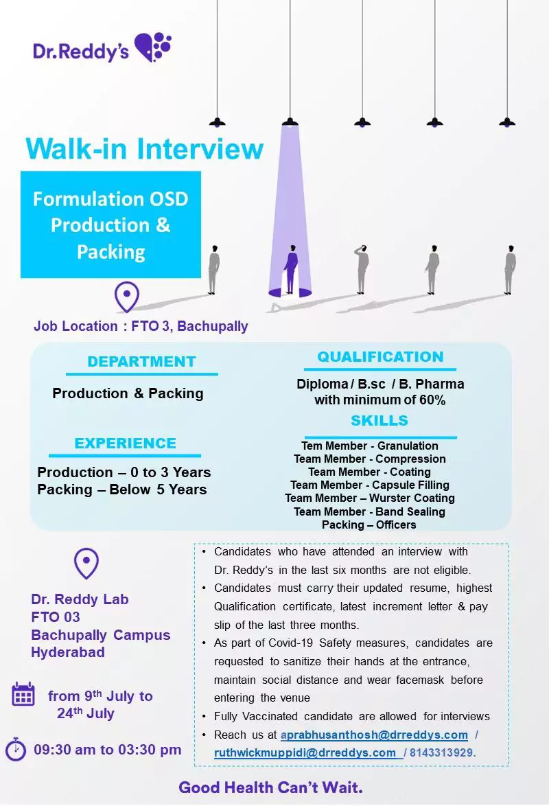 Dr Reddys Fresher & Experience Jobs; Production & Packing Dr Reddys Fresher & Experience Jobs; Production & Packing