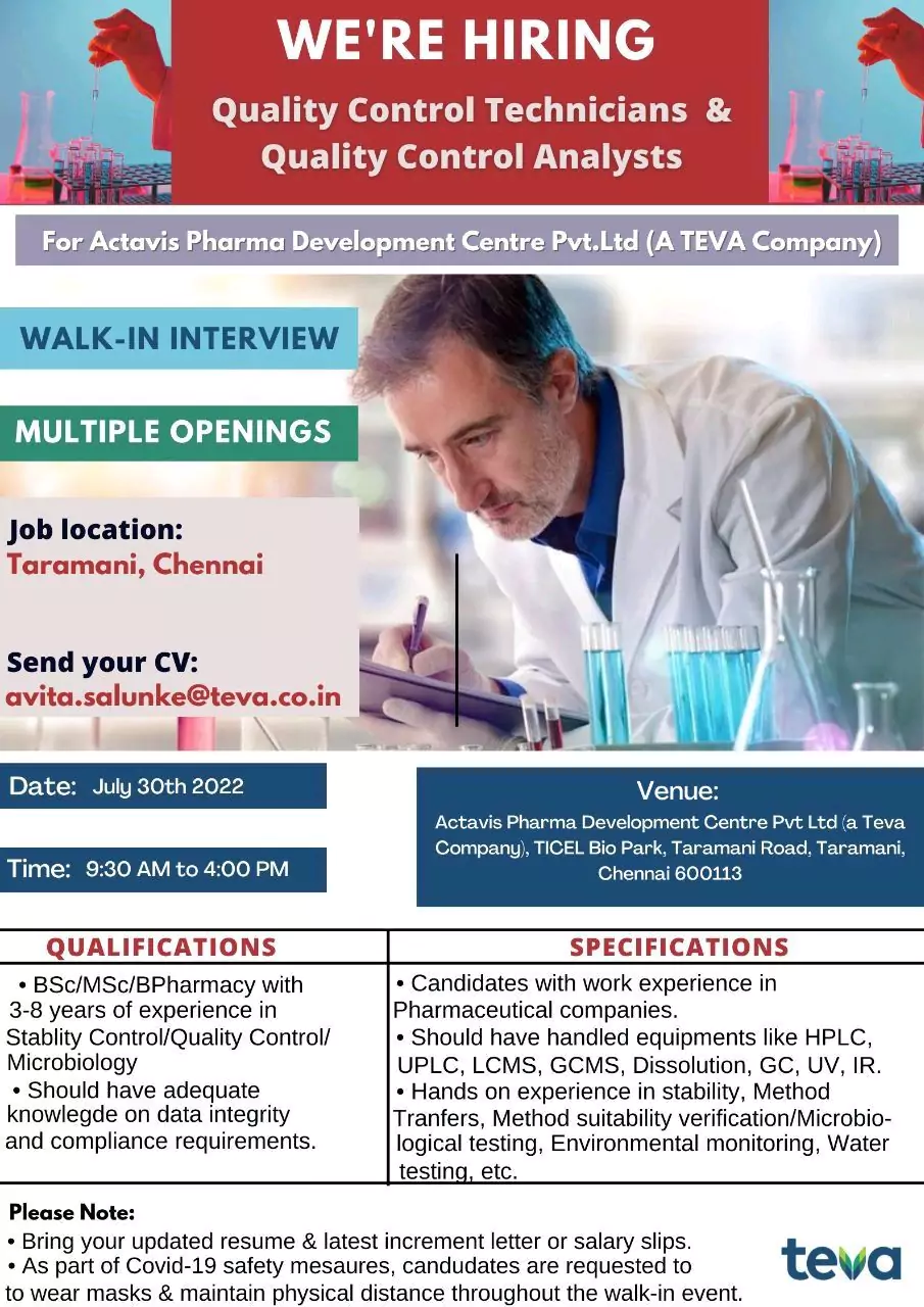 Quality Control Technicians & Quality Control Analysts - Teva Pharmaceuticals