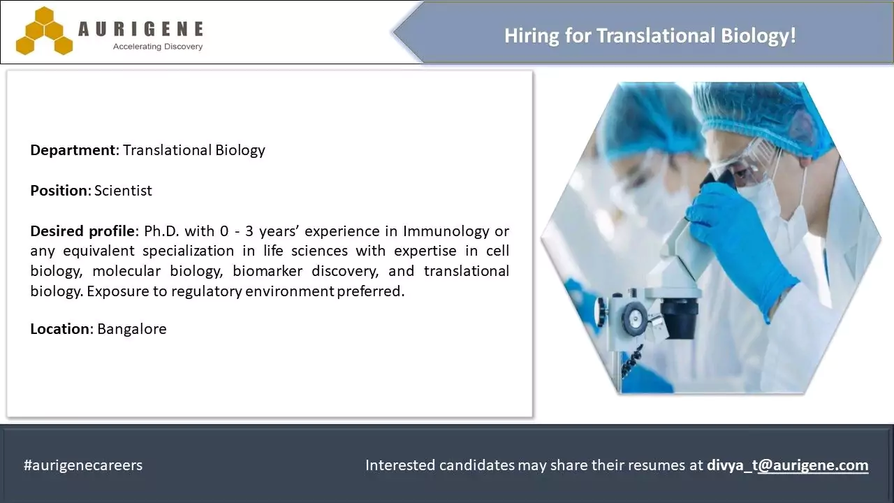 Aurigene Hiring Translational Biology Scientist - Bangalore