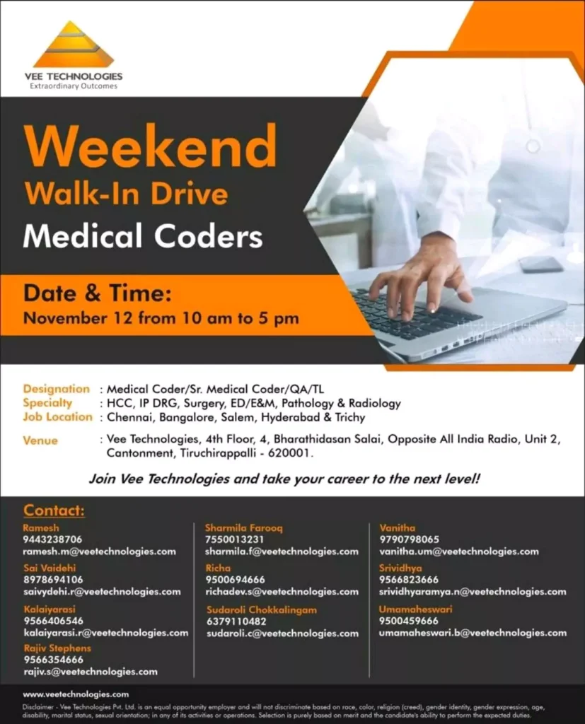 vee technologies weekend walk in drive for medical coders