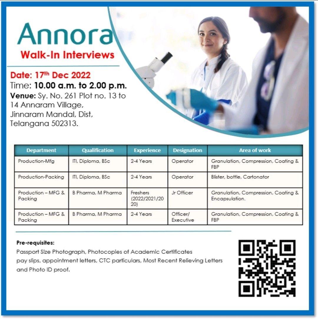 annora pharma walk in interview hyderabad