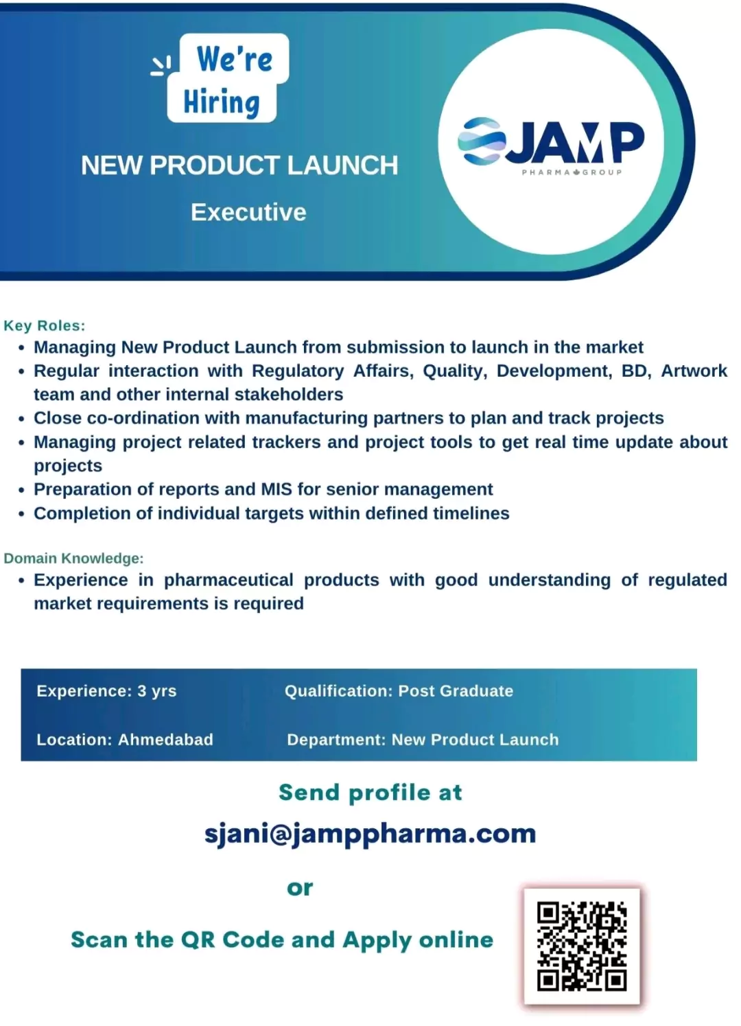 Jamp pharmaceuticals Hiring for Executive position @ Ahmedabad