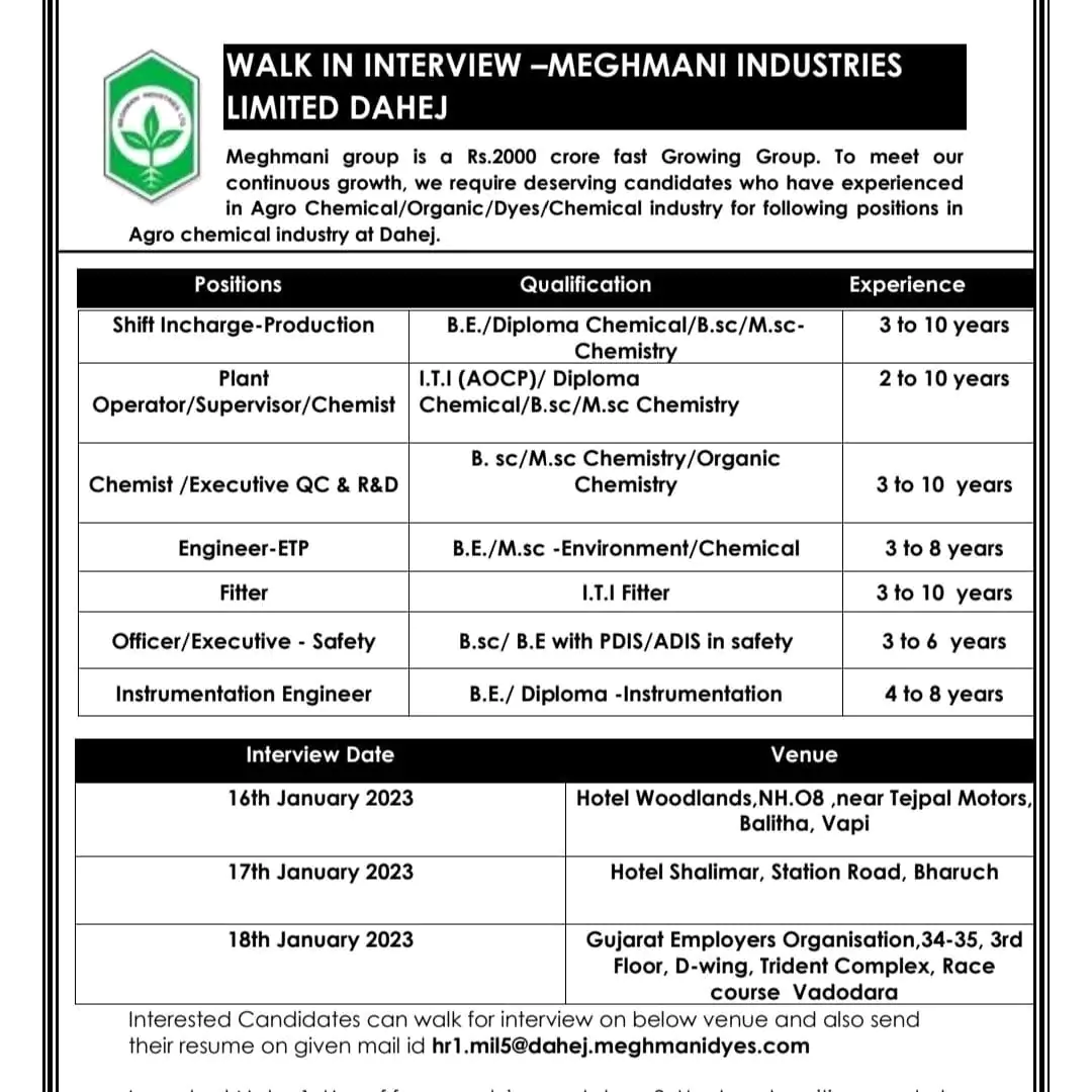 Walk in interview - Meghmani industries DAHEJ for multiple departments
