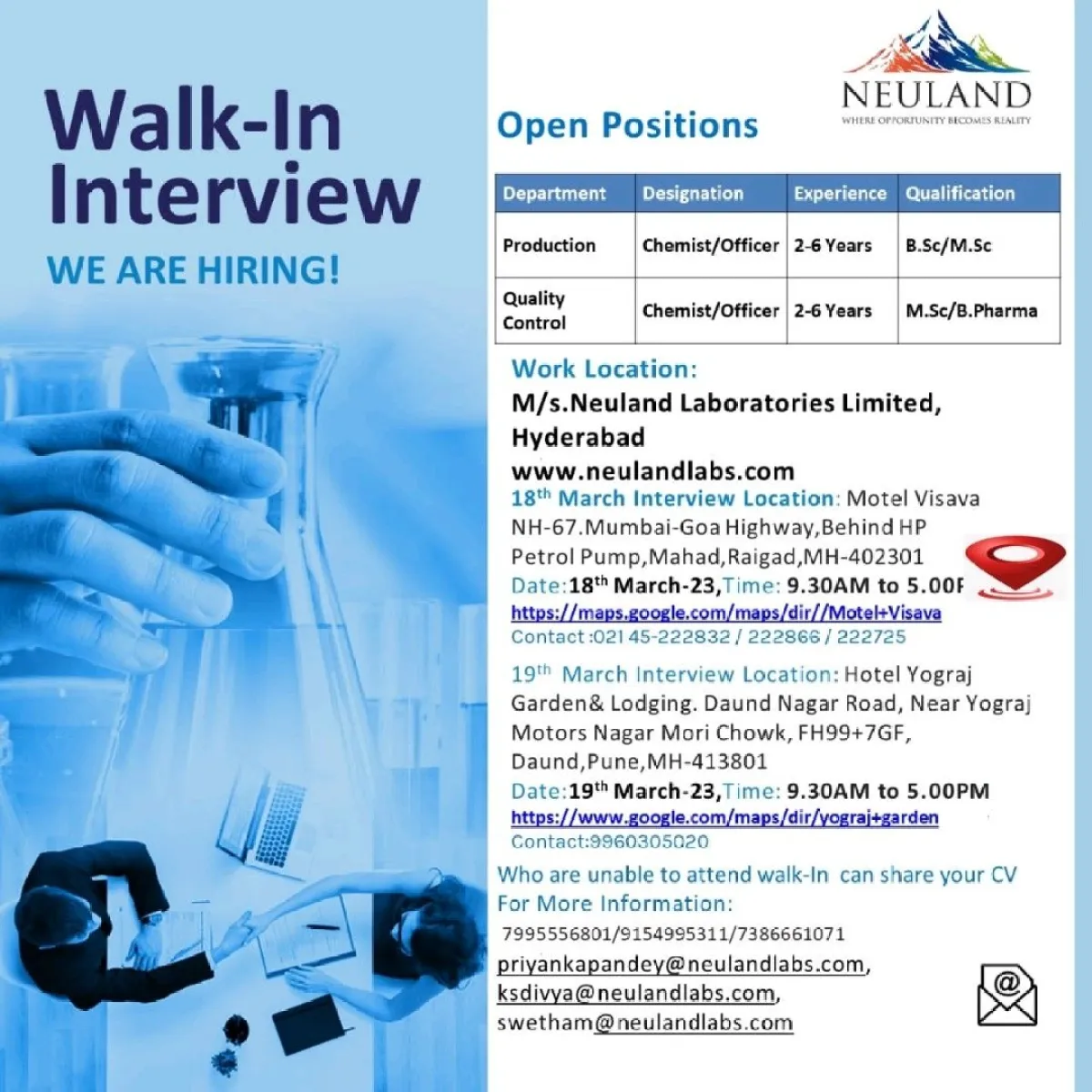 Neuland Laboratories Limited – Walk-In Interviews for Production / Quality Control