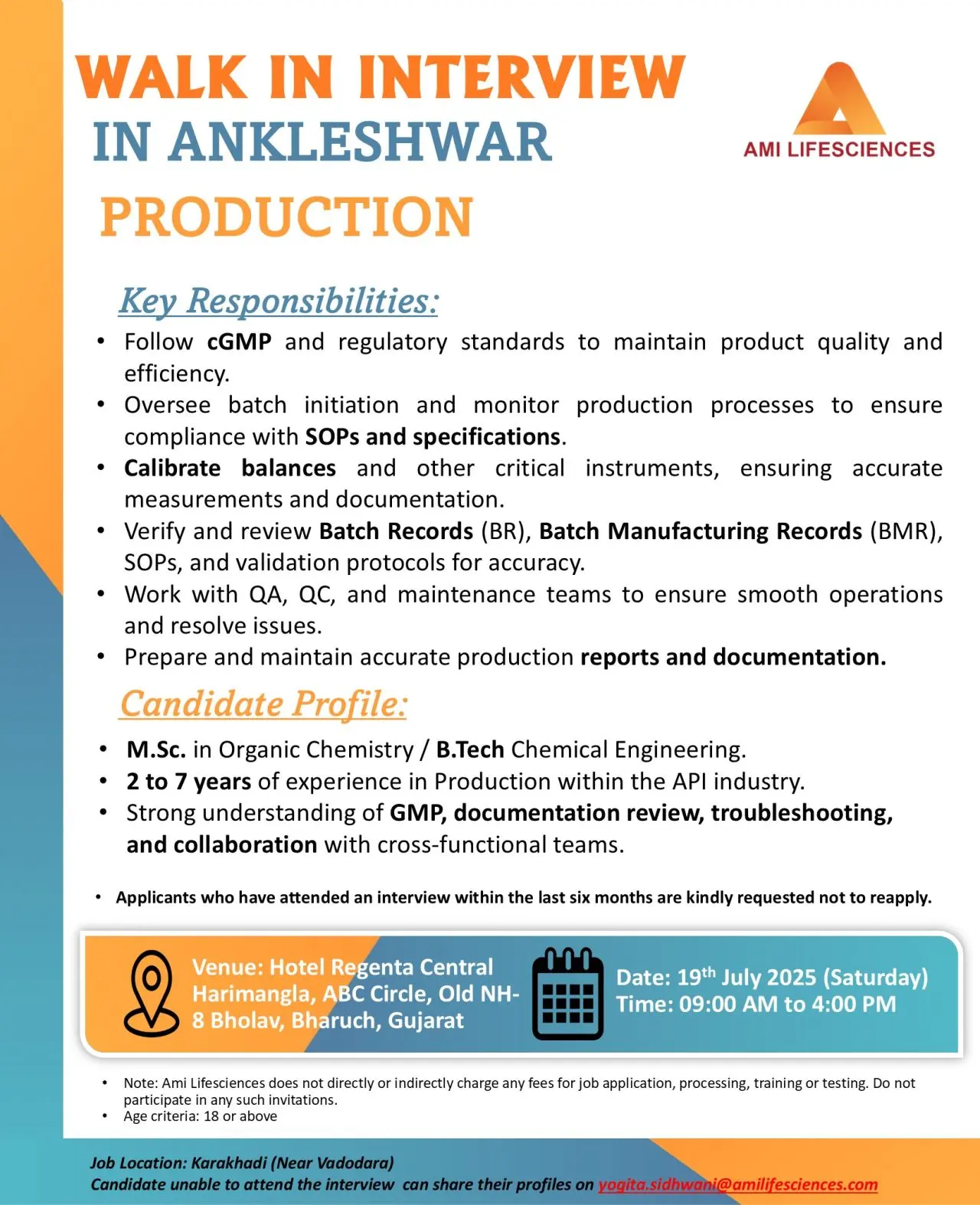 Ami Lifesciences WALK IN Production (API Manufacturing)