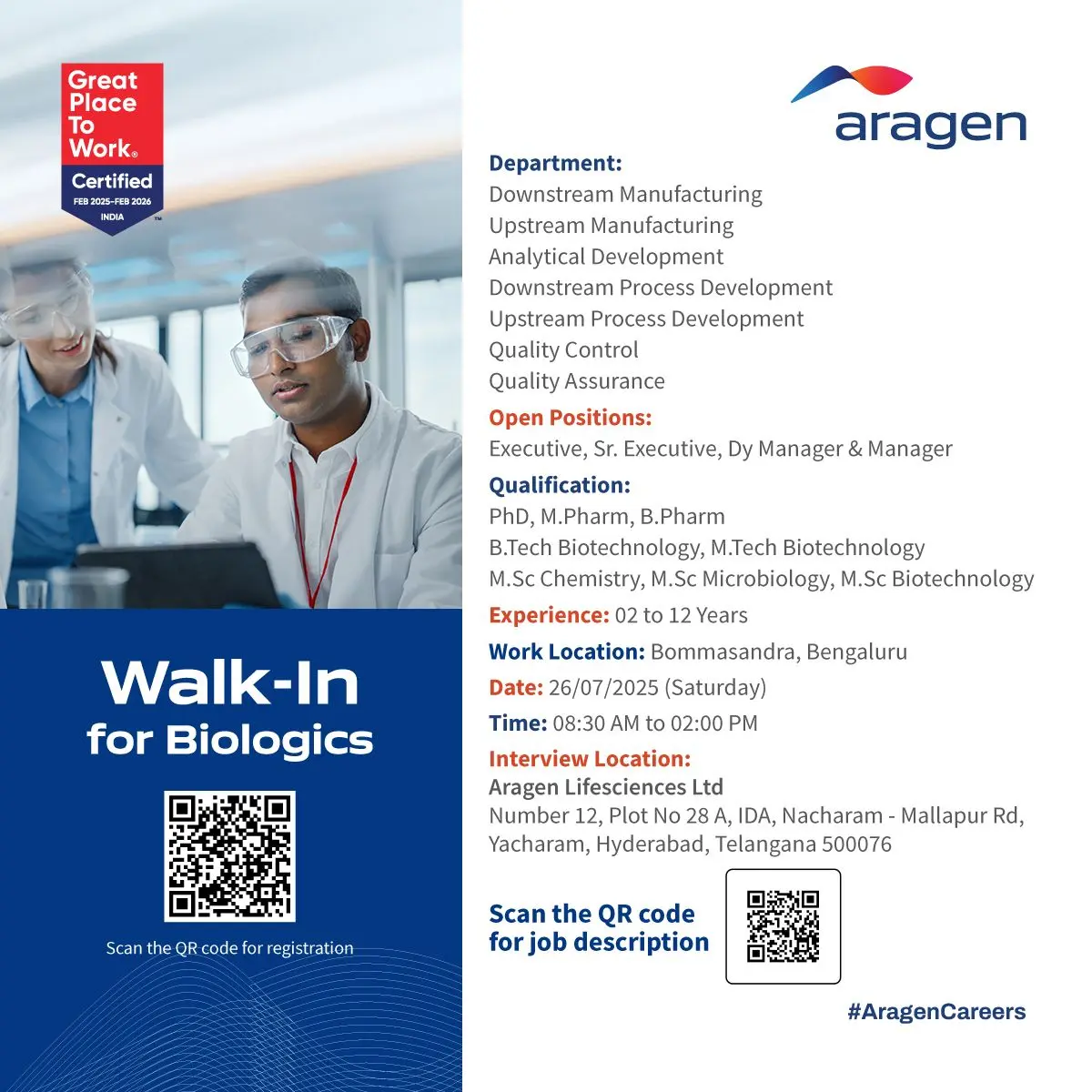 Aragen Lifesciences Walk-In Manufacturing, Process Development, QC, QA