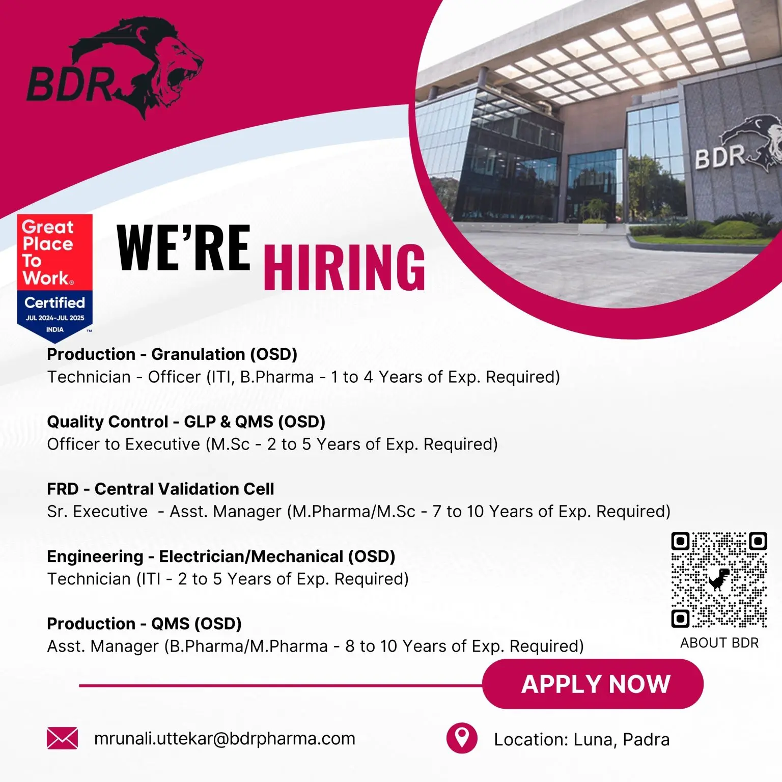 BDR Pharmaceuticals Hiring Production, QC, FRD, Engineering
