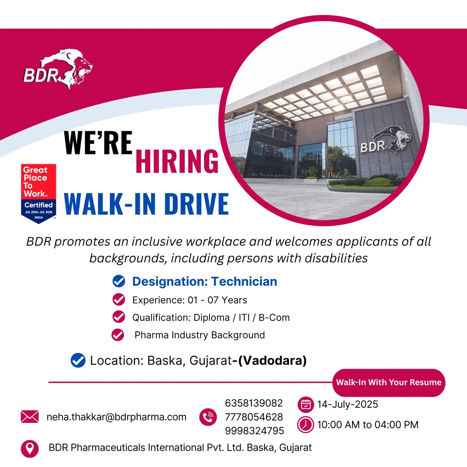 BDR Pharmaceuticals Walk-In Technician