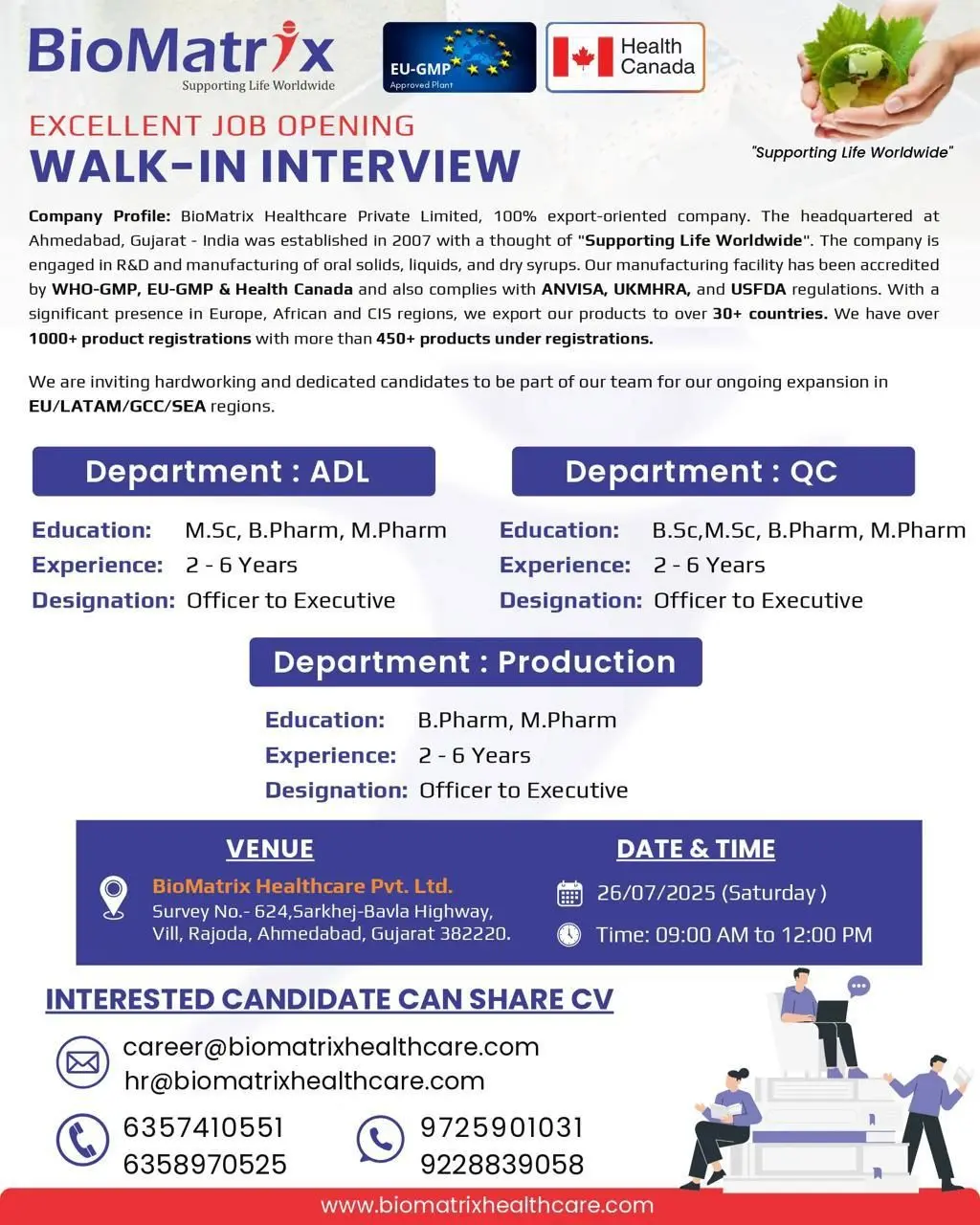 BioMatrix Healthcare Walk-In QC, ADL, Production Departments