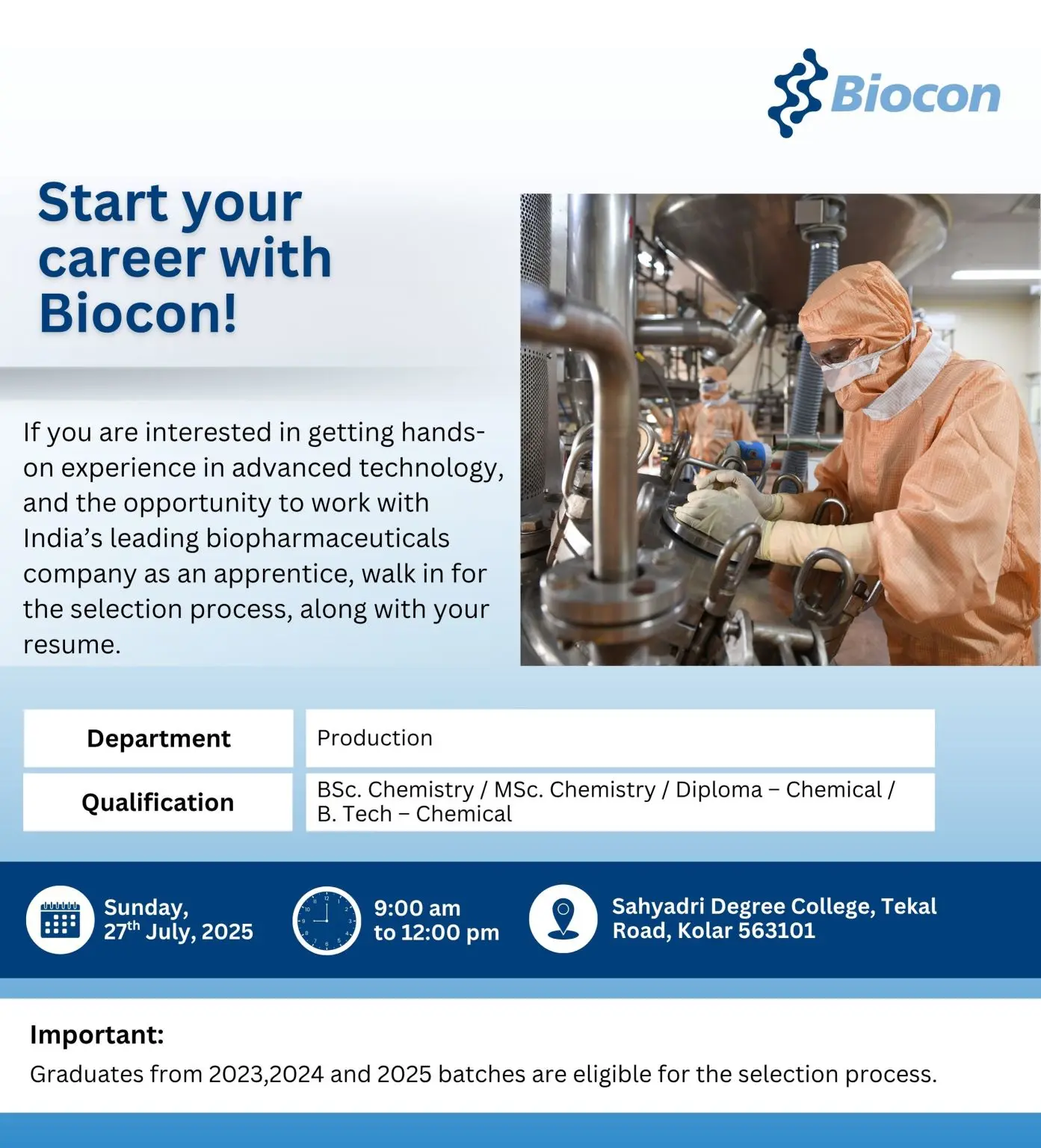 Biocon Walk-in Apprentice – Production Department