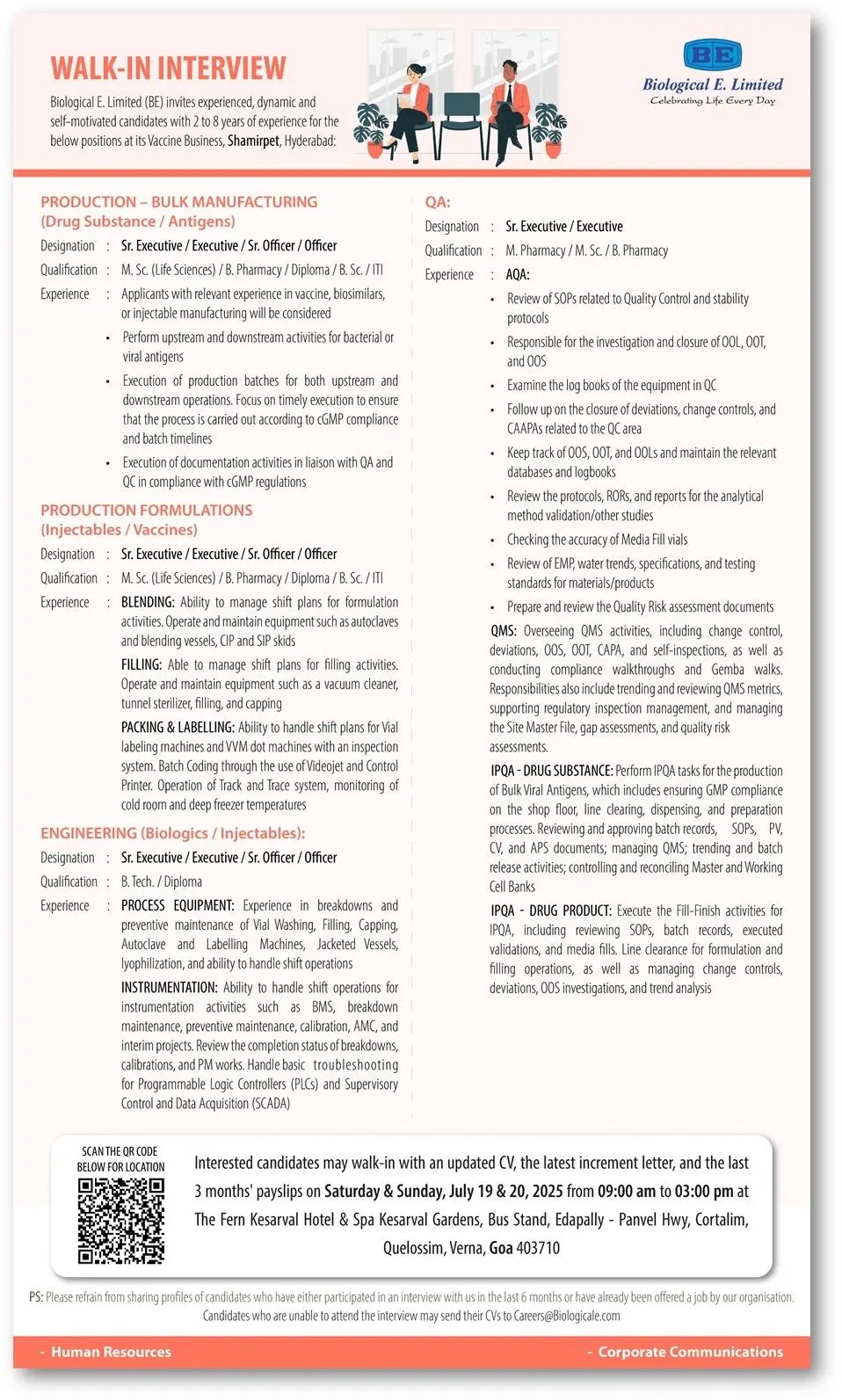 Biological E. Walk-in QA, Production (Bulk/Formulation), Engineering