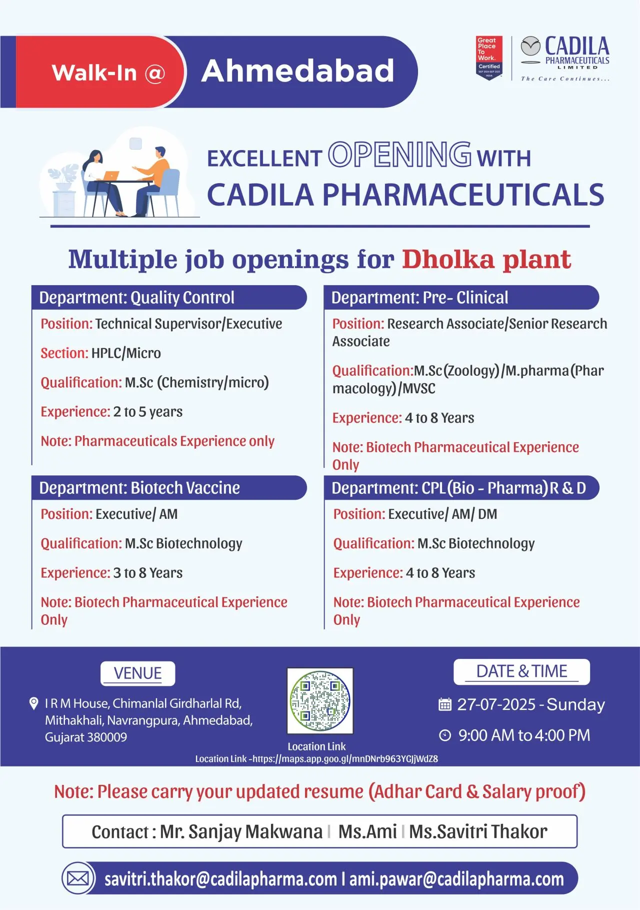 Cadila Pharmaceuticals Walk-In QC, Biotech Vaccine, Pre-Clinical, CPL R&D