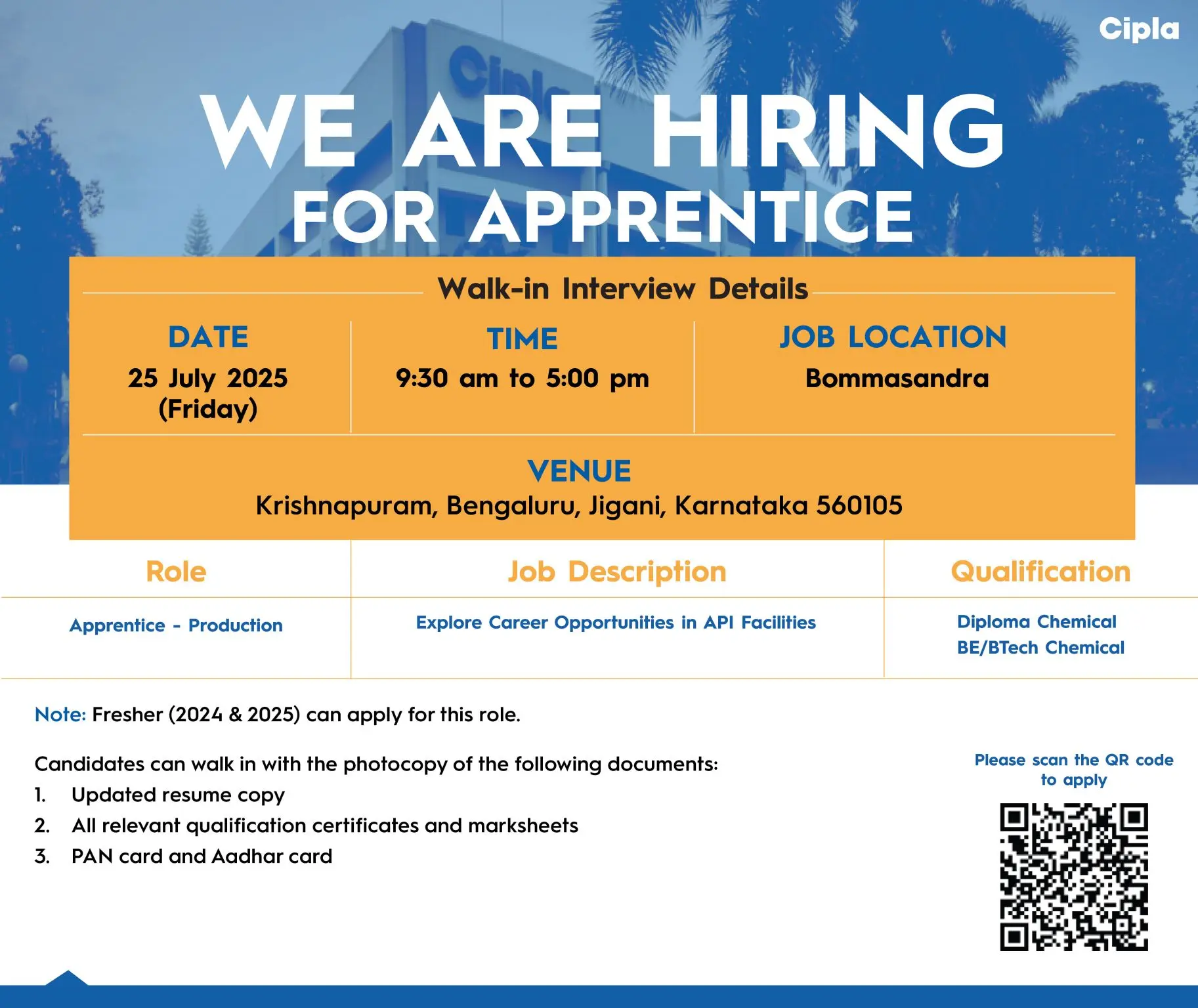 Cipla walk-in Apprentice - Production
