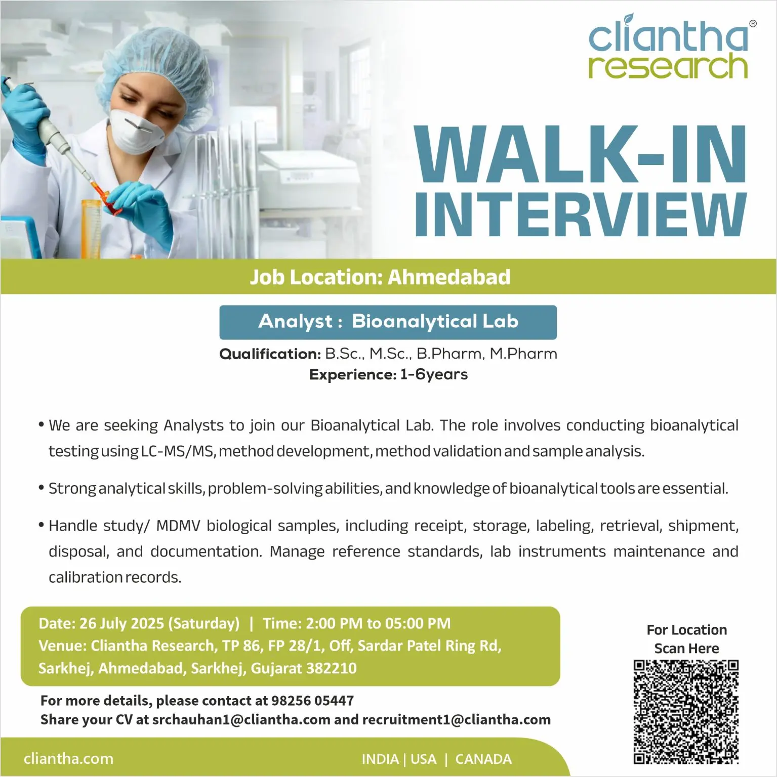 Cliantha Research walk-in Analyst – Bioanalytical Lab