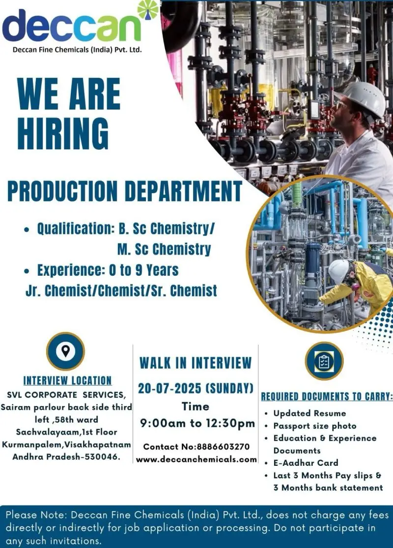 Deccan Fine Chemicals (India) Walk-In Jr. Chemist, Chemist, Sr. Chemist (Production)