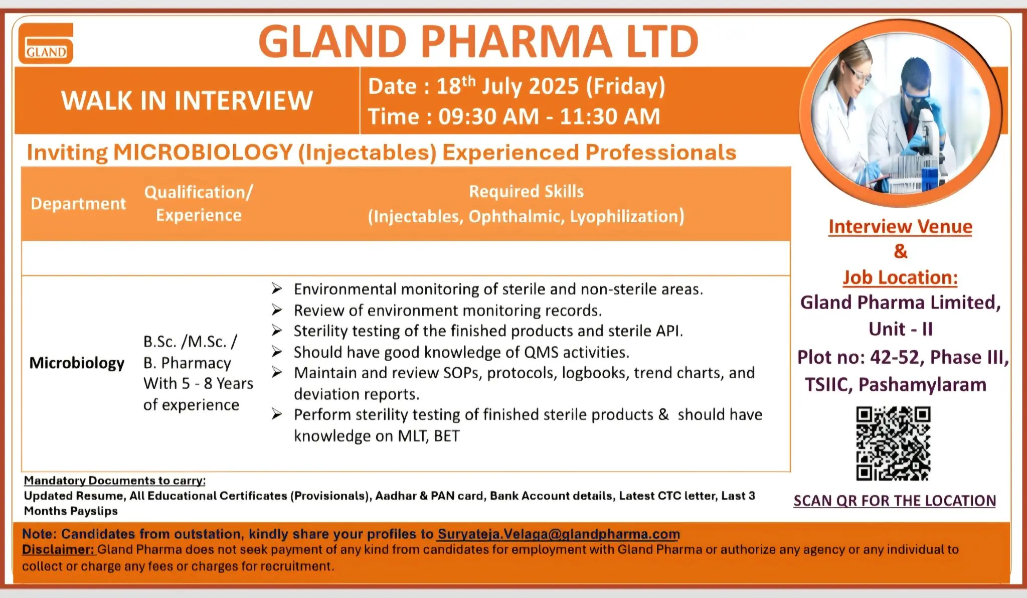 Gland Pharma Walk-in Microbiology Department