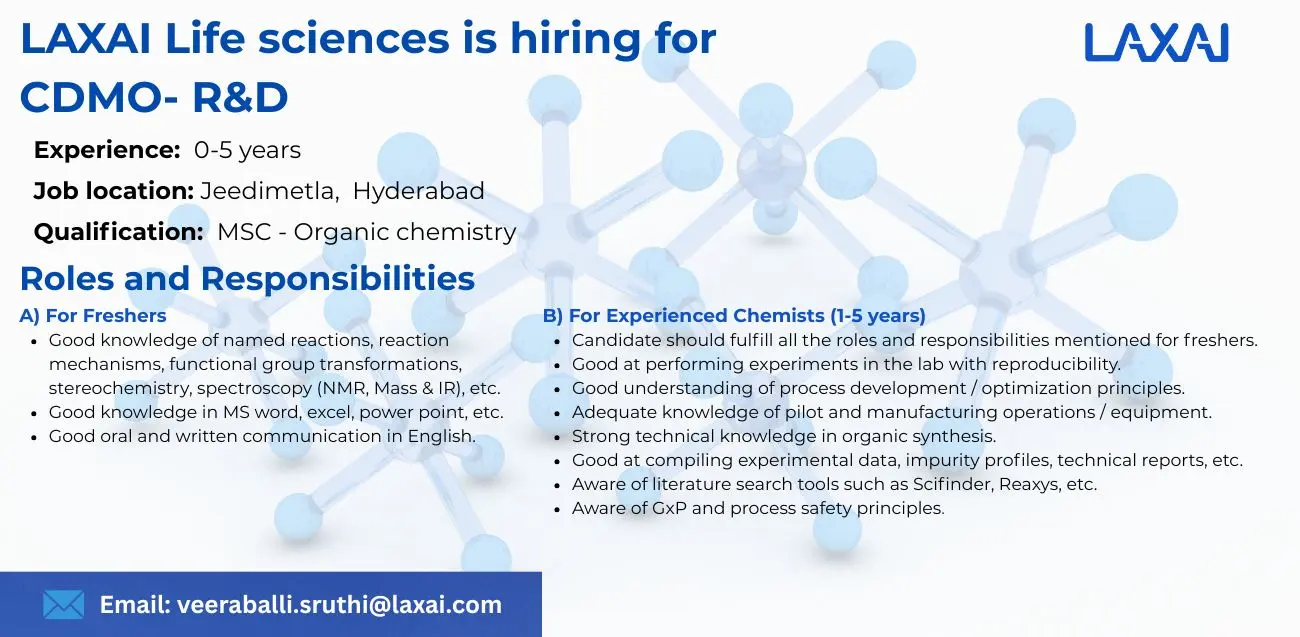 LAXAI Life Sciences Hiring CDMO - R&D (Freshers & Experienced)