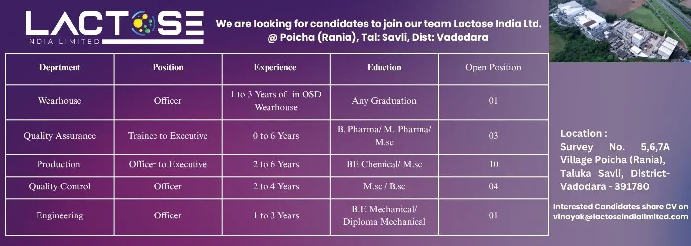 Lactose India Hiring QA, QC, Production, Warehouse, Engineering