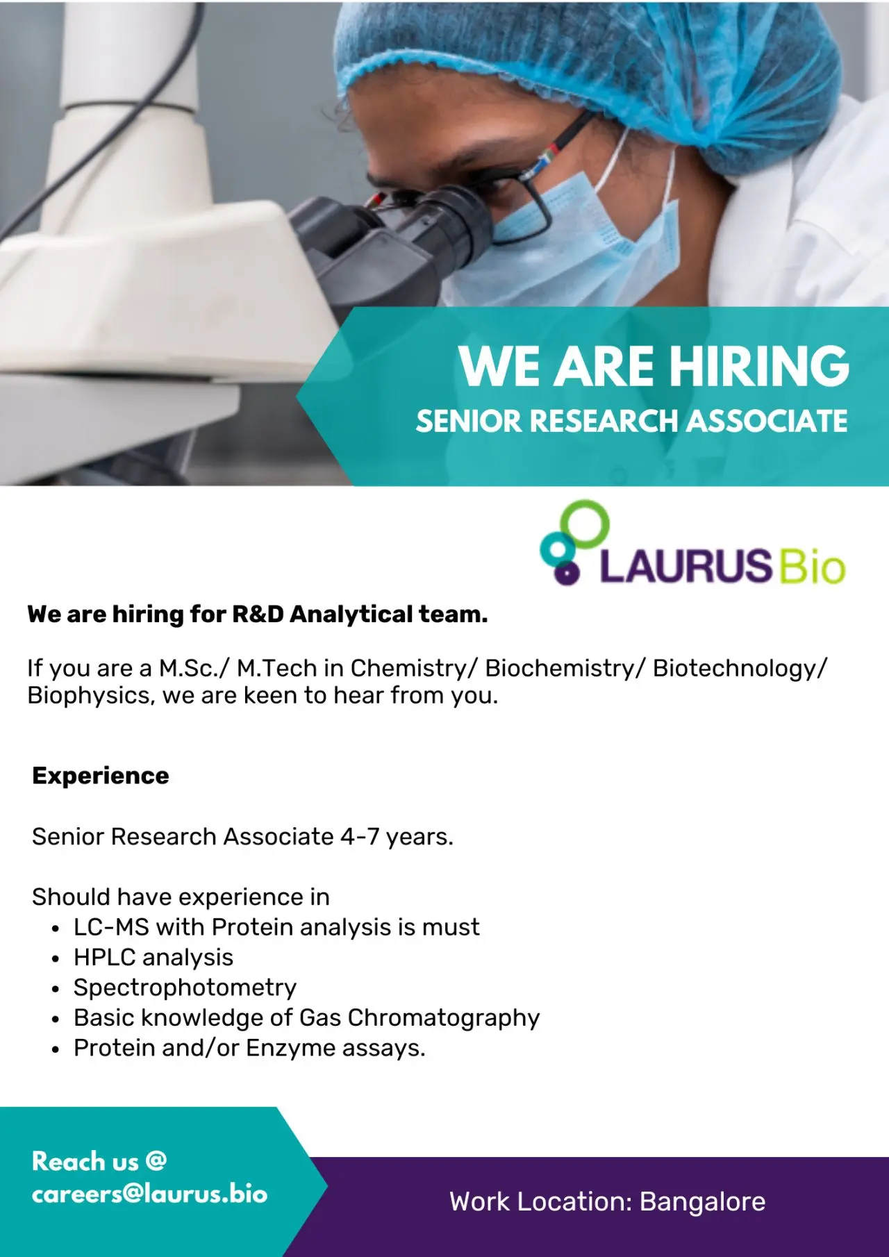 Laurus Bio Hiring R&D Analytical (Senior Research Associate)