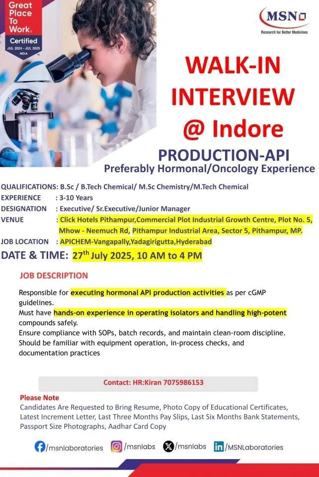 MSN Laboratories Walk-in API Production – HormonalOncology