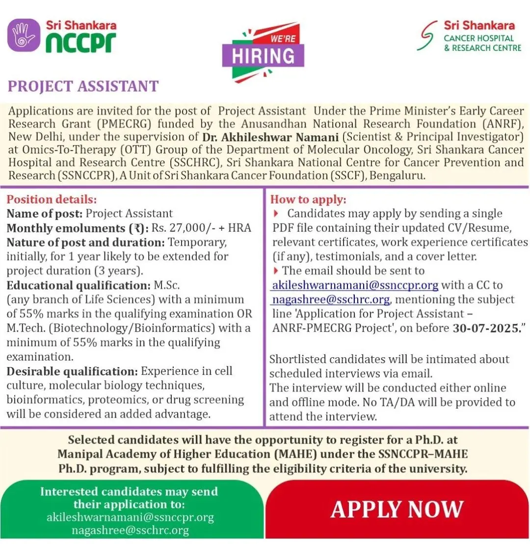 Project Assistant Recruitment at Sri Shankara Cancer Hospital & Research Centre
