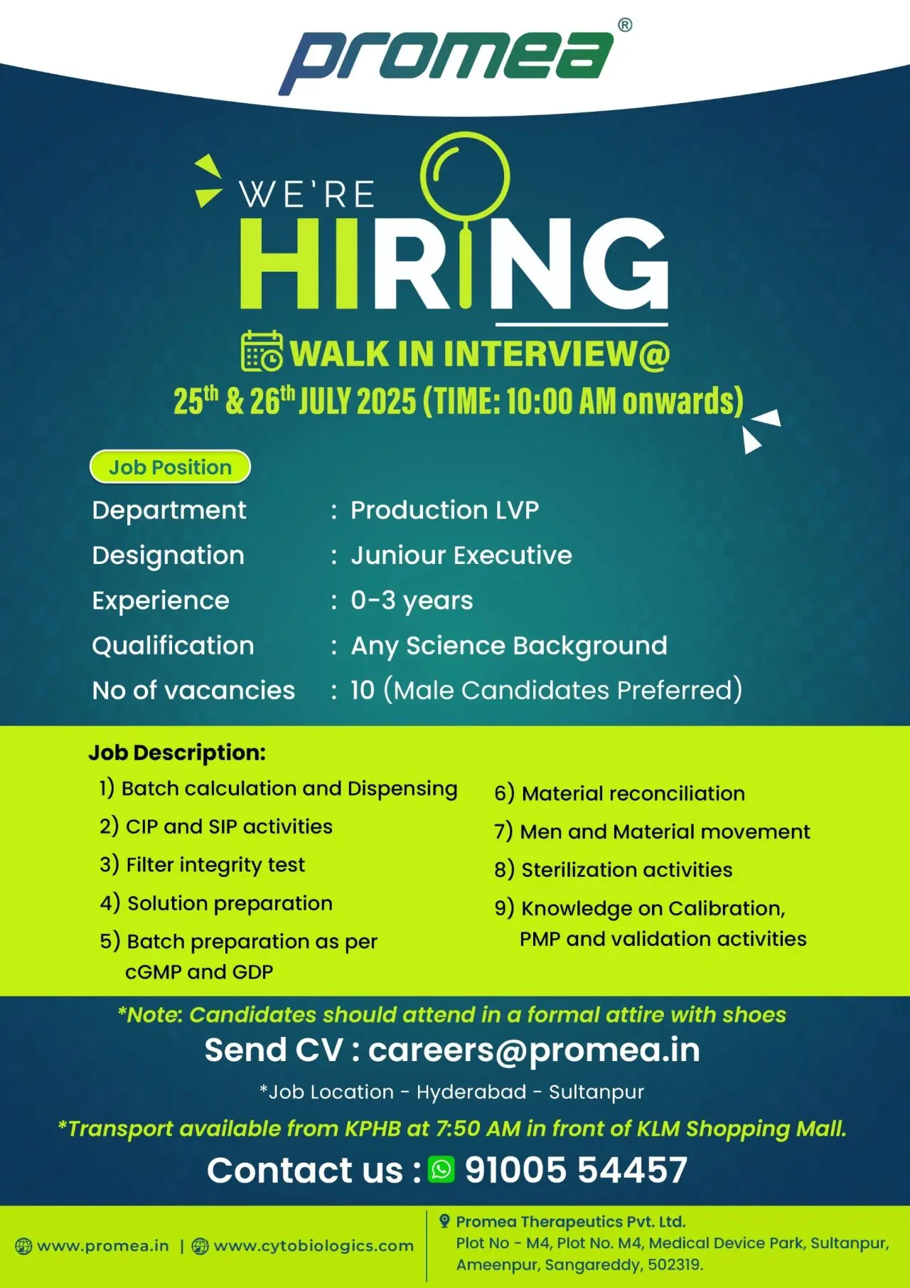 Promea Therapeutics Walk-In 10+ Junior Executives in Production (LVP)