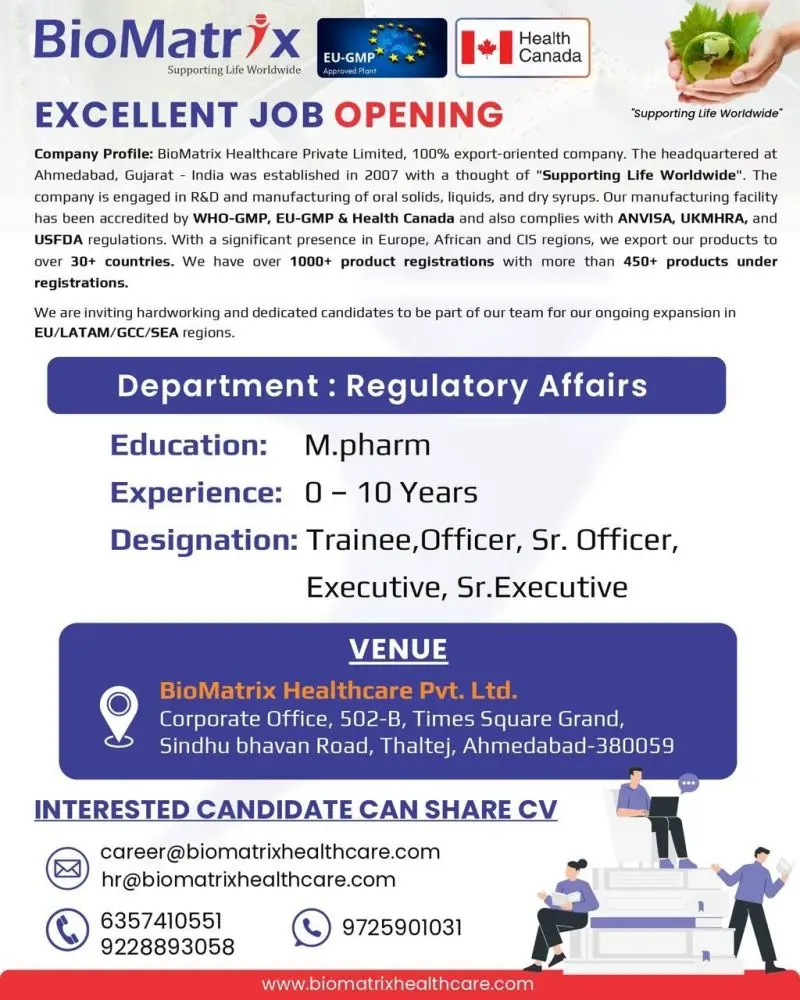 Regulatory Affairs Openings for M.Pharm Graduates | Freshers & Experienced BioMatrix Healthcare