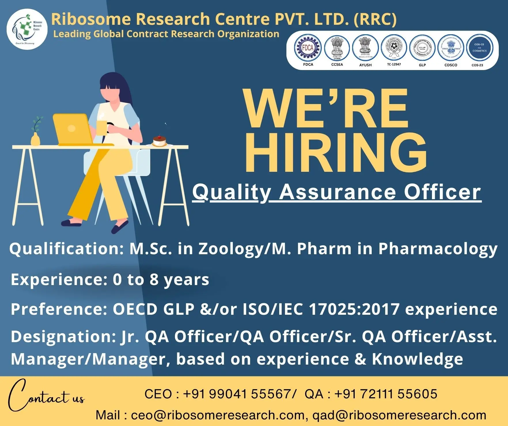 Ribosome Research Centre Hiring QA Officer, Sr. QA Officer, Asst. Manager