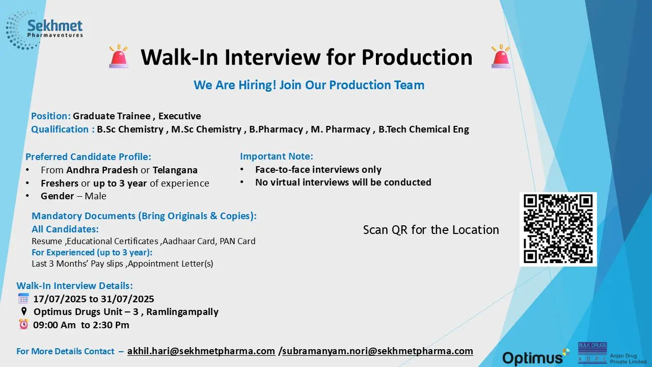 Sekhmet Pharmaventures Walk-In Production - Graduate Trainee, Executive