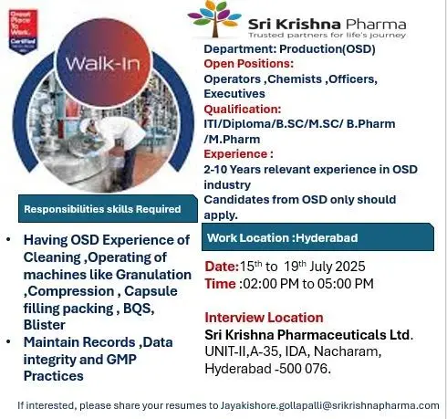 Sri Krishna Pharmaceuticals Hiring Production – OSD