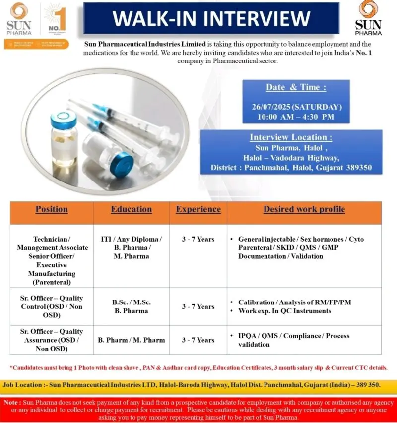 Sun Pharmaceutical Industries Walk-in Manufacturing (Parenteral), Quality Control, Quality Assurance