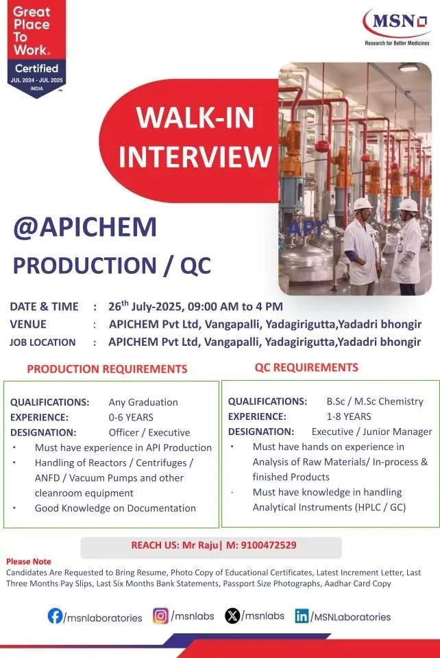 Walk-In Interview for API Production & QC Roles | APICHEM