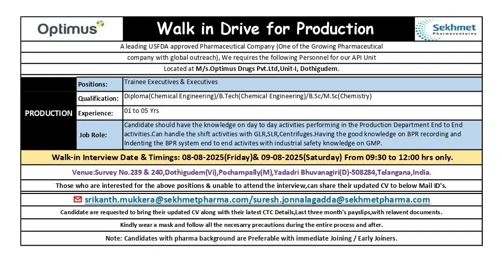 Sekhmet – Optimus Drugs Walk-in Production (Trainee/Executive), Engineering (Executive)