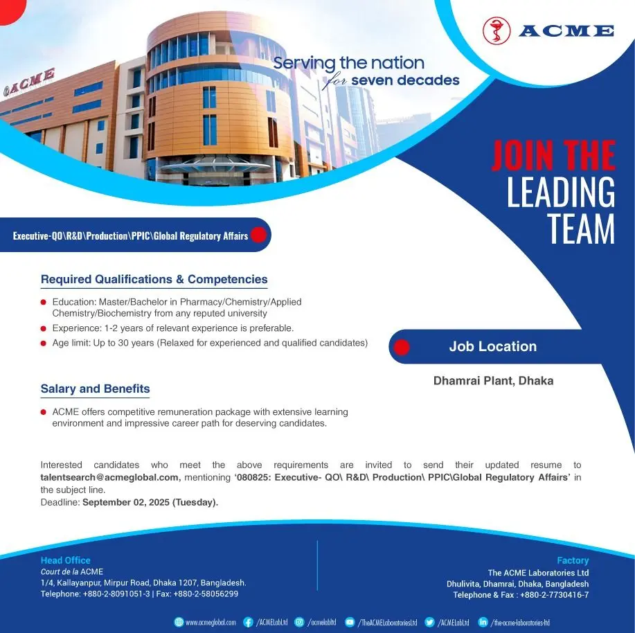 ACME Laboratories Hiring QA, R&D, Production, PPIC & Global Regulatory Affairs