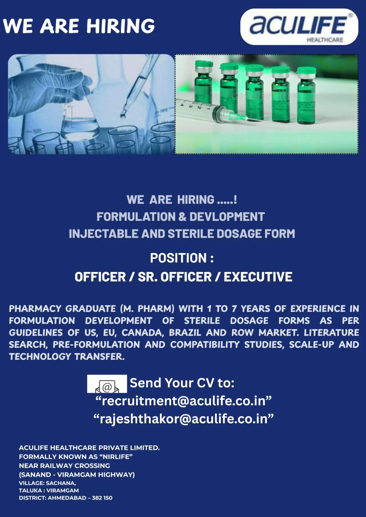 Aculife Healthcare Hiring Officer, Sr. Officer, Executive – F&D