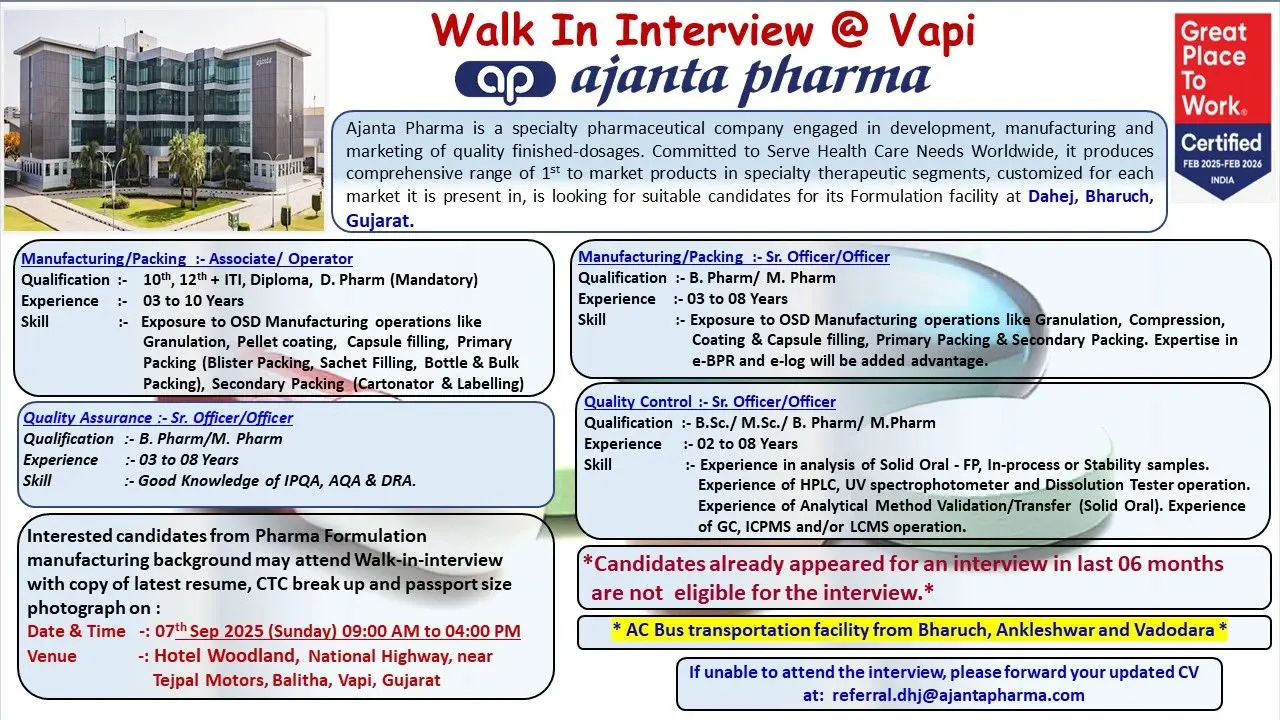 Ajanta Pharma Walk-in Manufacturing, QA & QC
