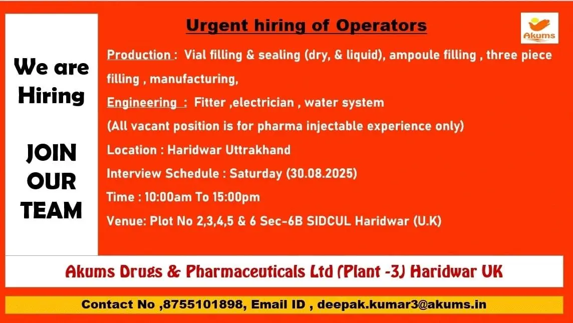 Akums Drugs Walk-in Production & Engineering Operators