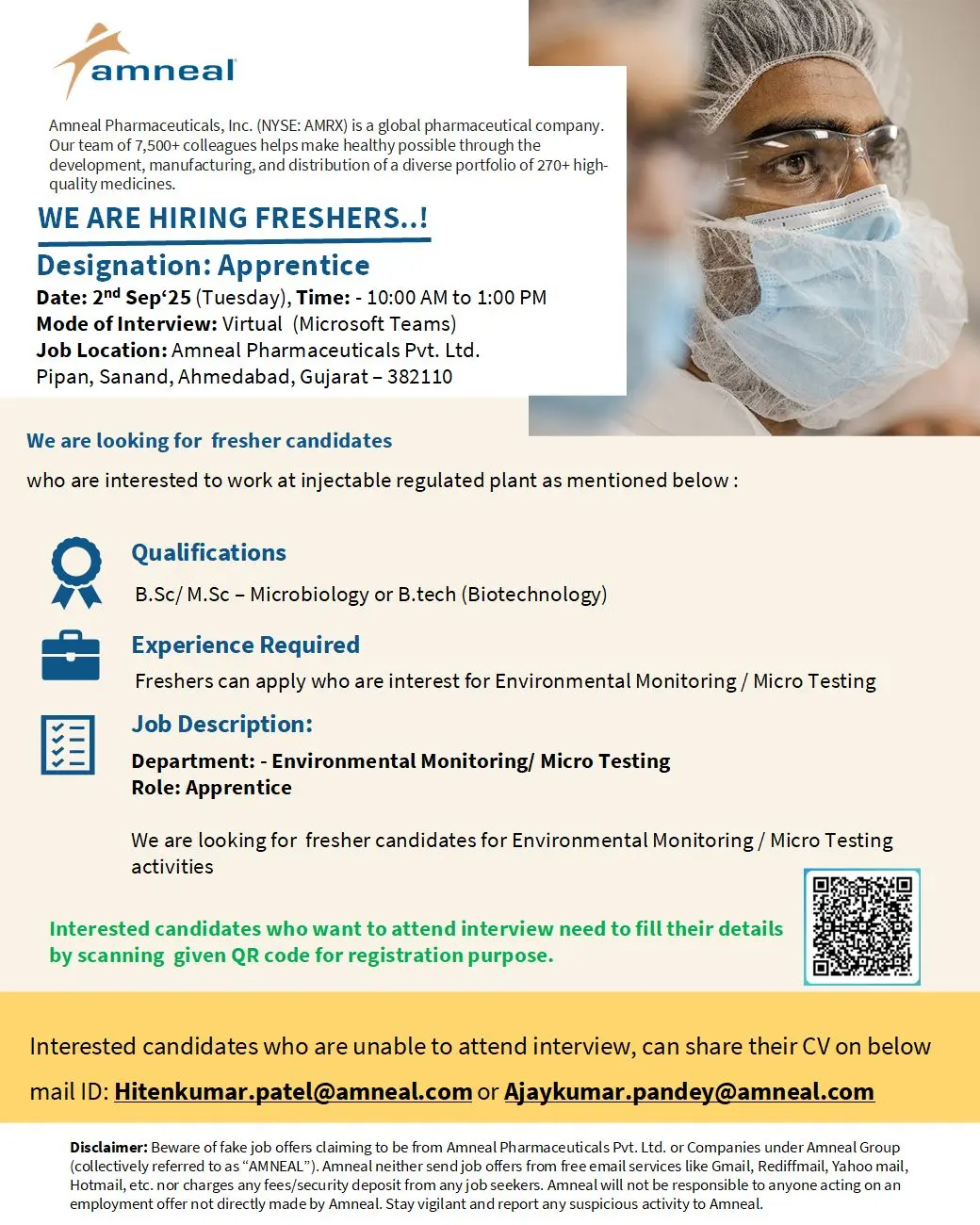 Amneal Pharma Hiring Apprentice (Environmental Monitoring Micro Testing)