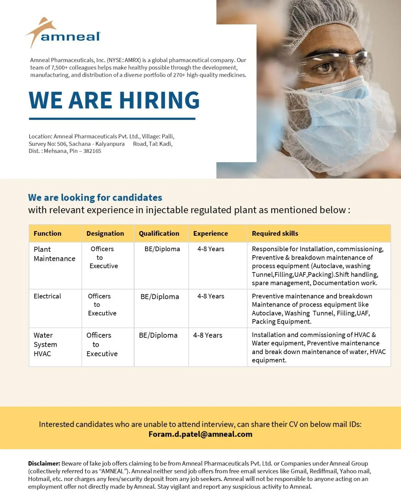 Amneal Pharma Hiring Officers to Executives – Plant Maintenance