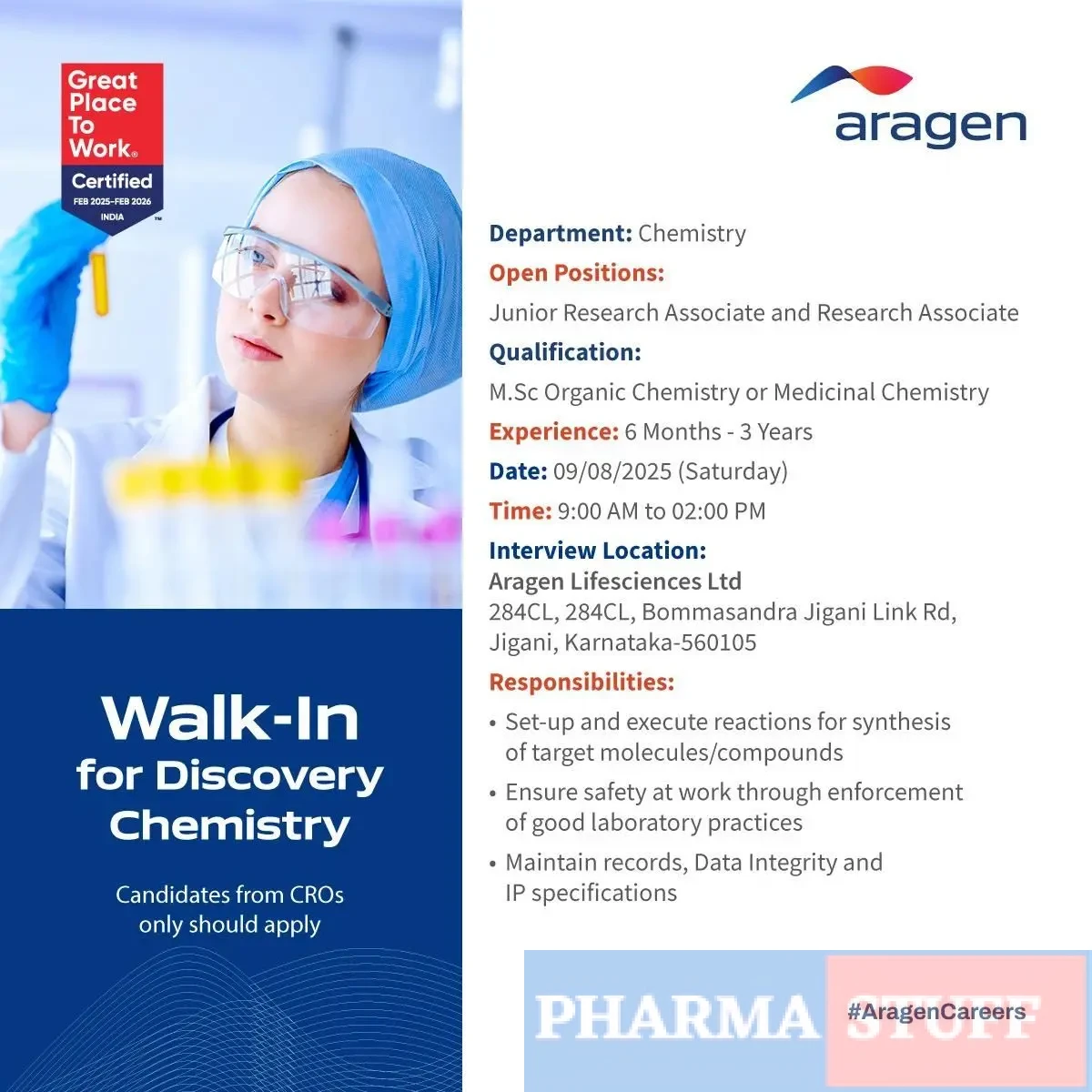 Aragen Lifesciences Walk-In Junior Research Associate, Research Associate