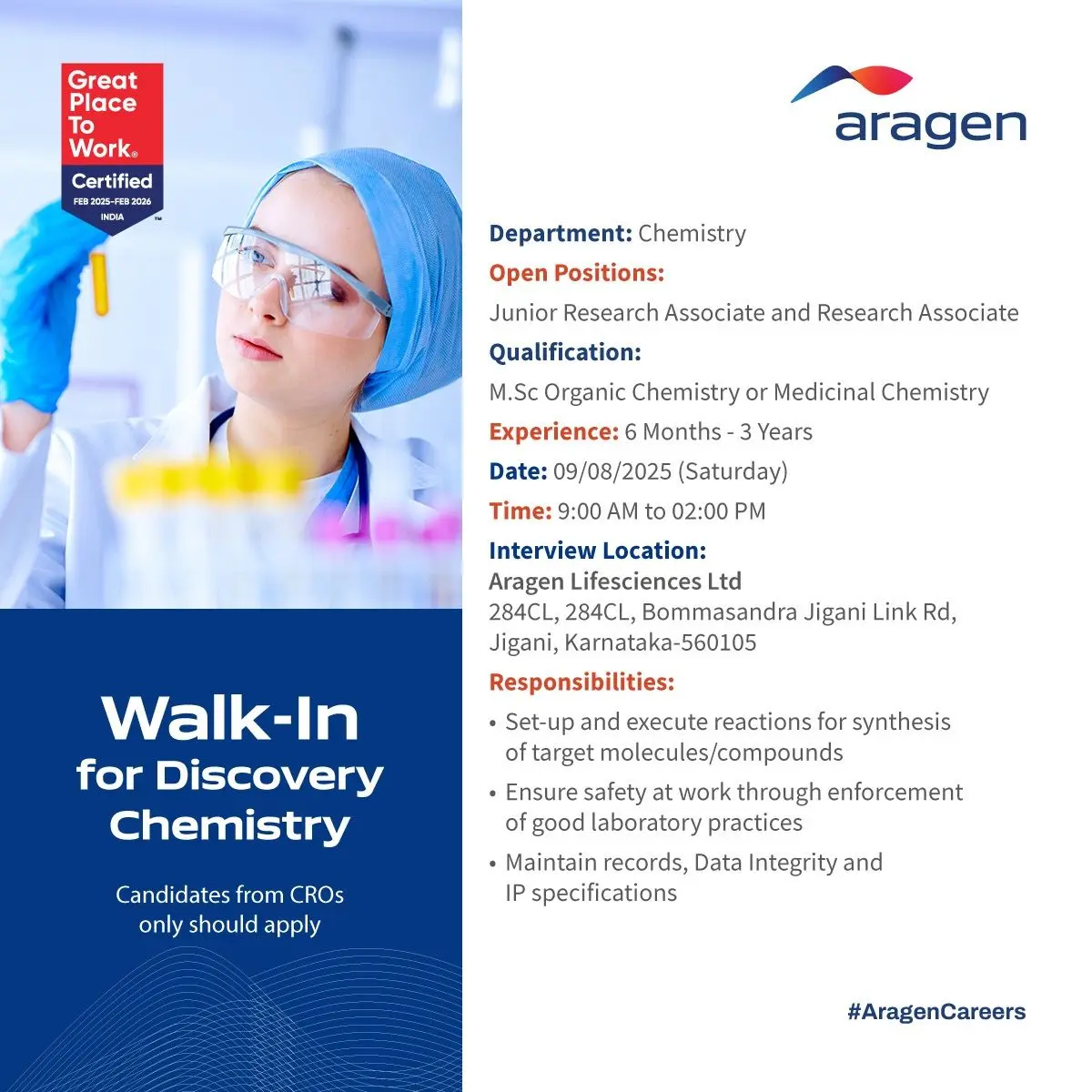Aragen Lifesciences walk-in Discovery Chemistry – JRA & RA