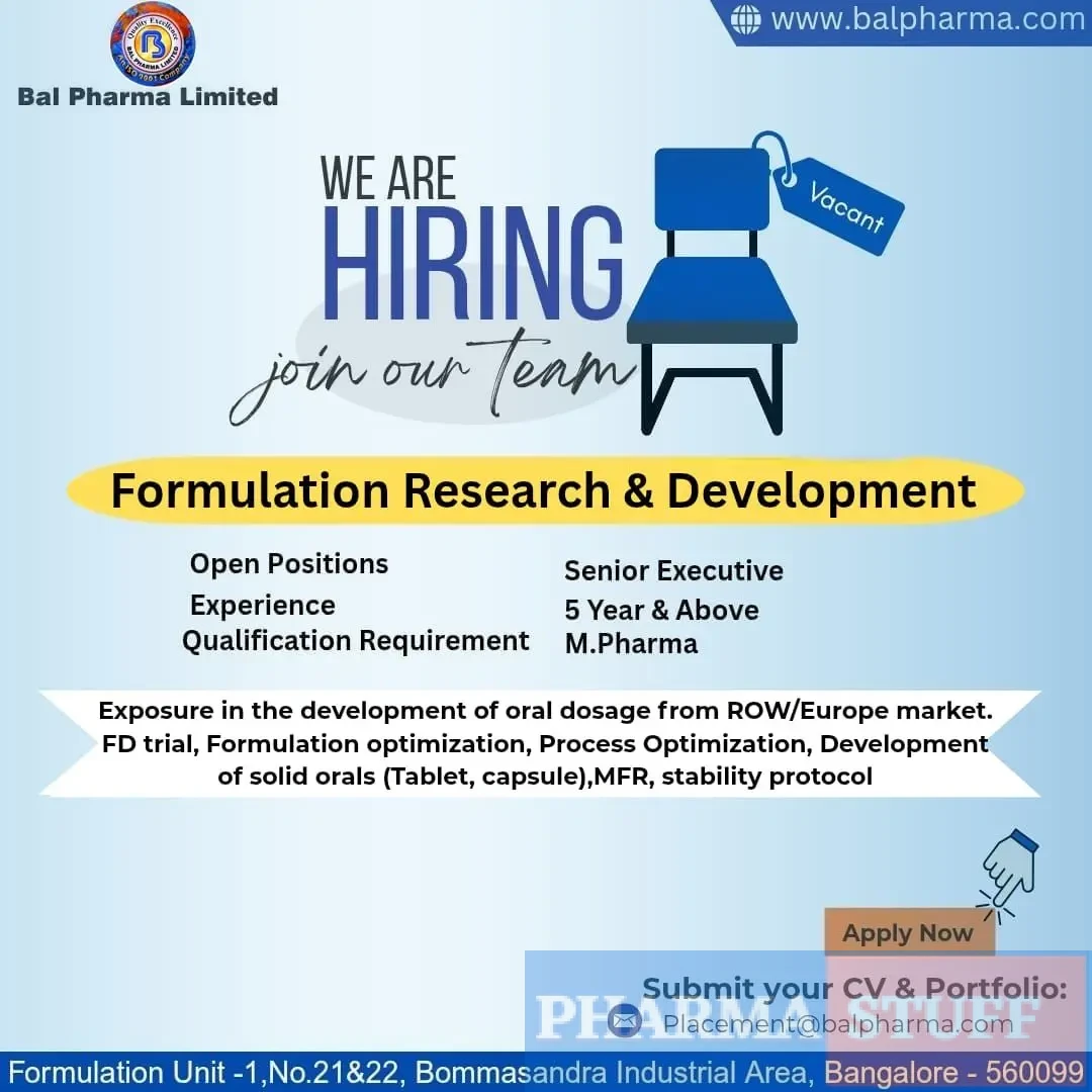 Bal Pharma Hiring Formulation Research & Development (FR&D)