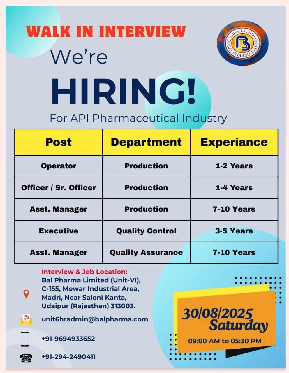 Bal Pharma walk-in API Production & QC,QA
