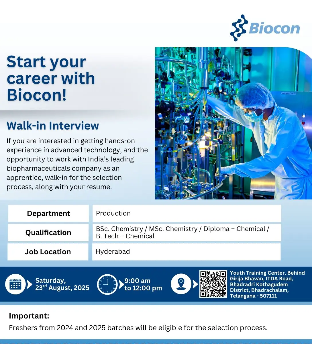 Biocon Walk-in for Production Apprentice roles