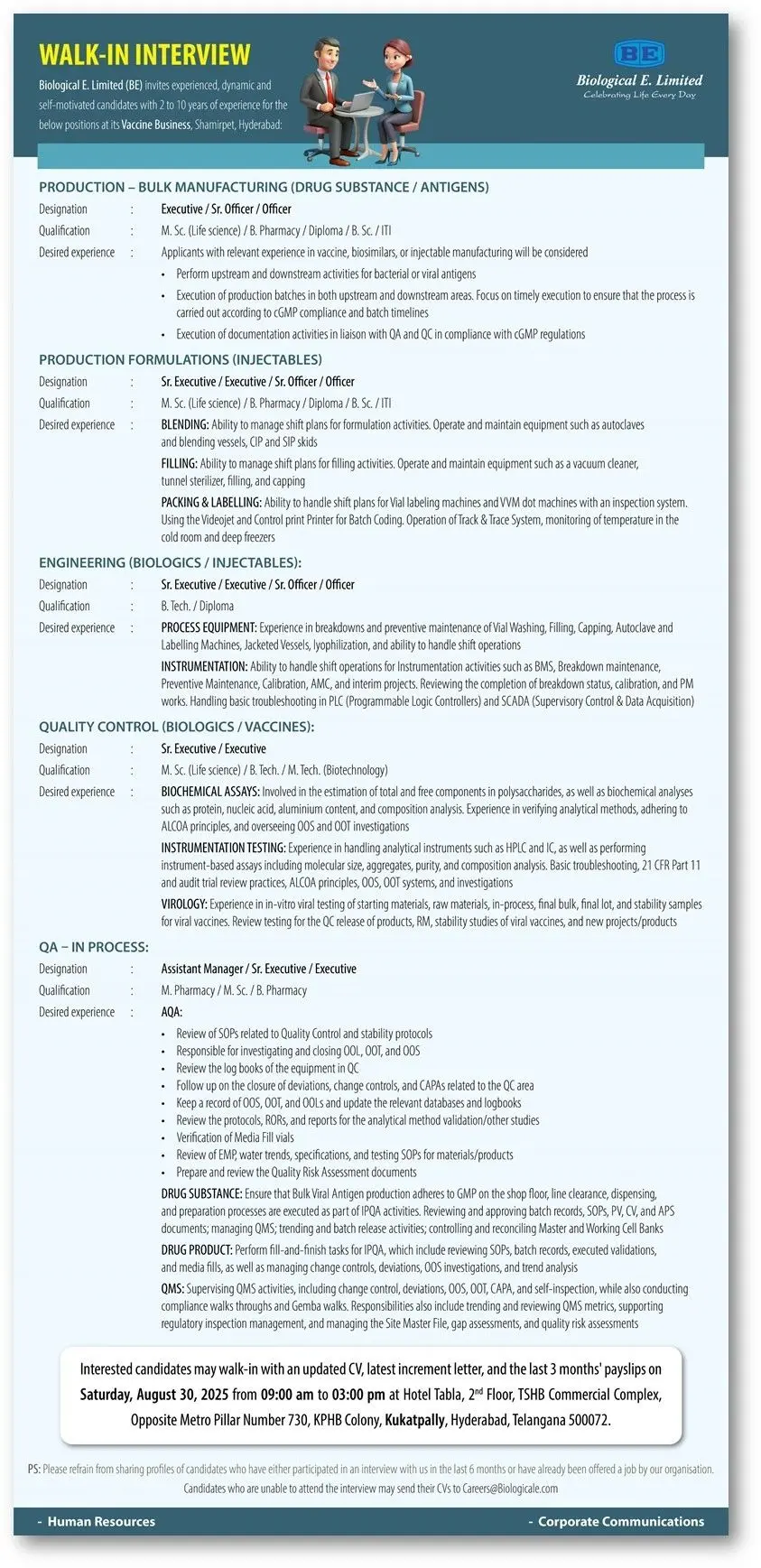 Biological E Walk-In Production, QC, QA, and Engineering