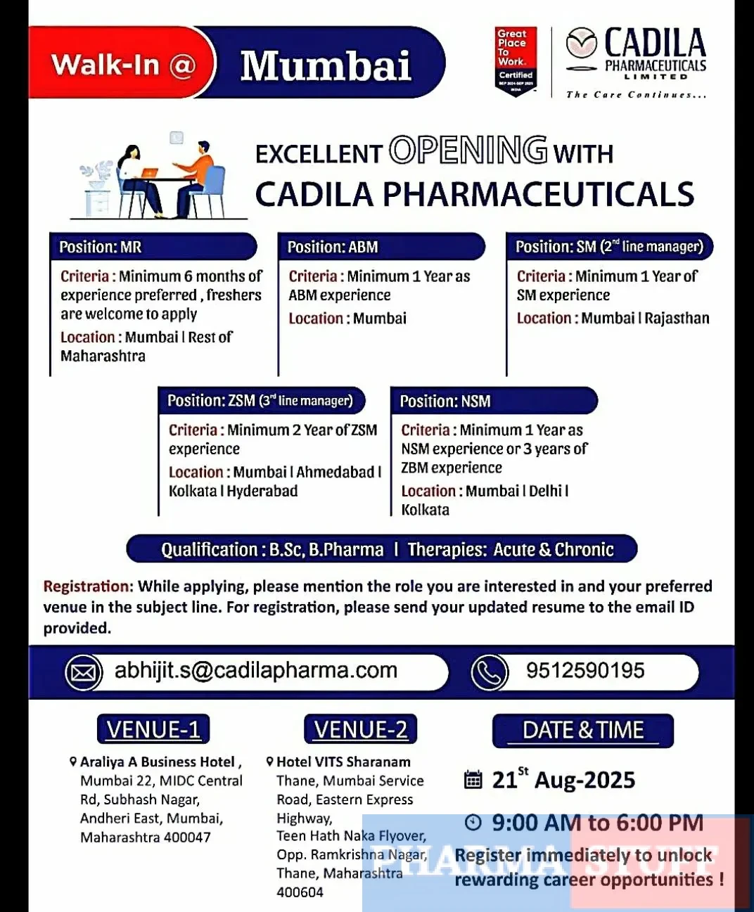 Cadila Pharmaceuticals Walk-In MR, ABM, SM, ZSM, NSM