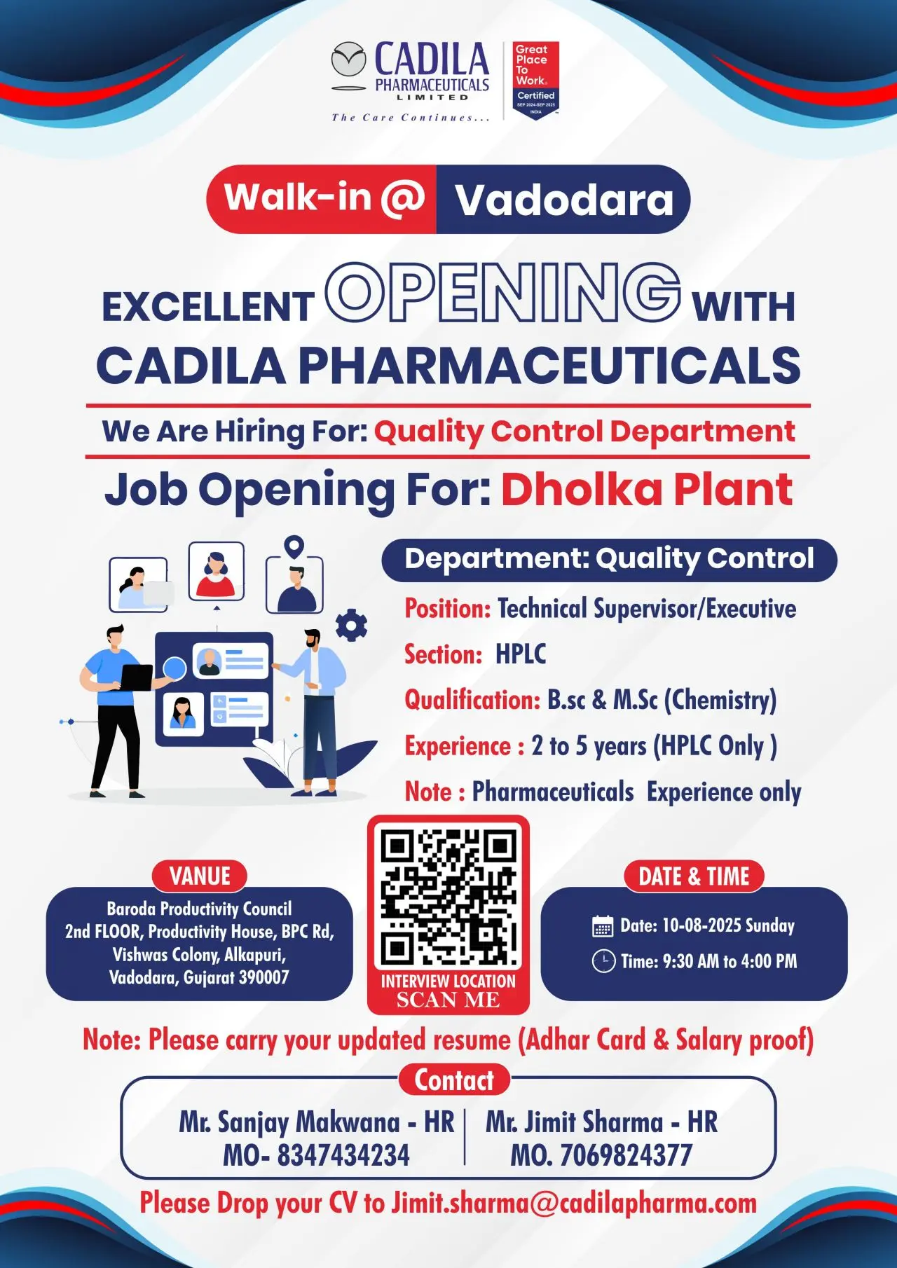 Cadila Pharmaceuticals Walk-in Quality Control (HPLC) – Executive/Supervisor