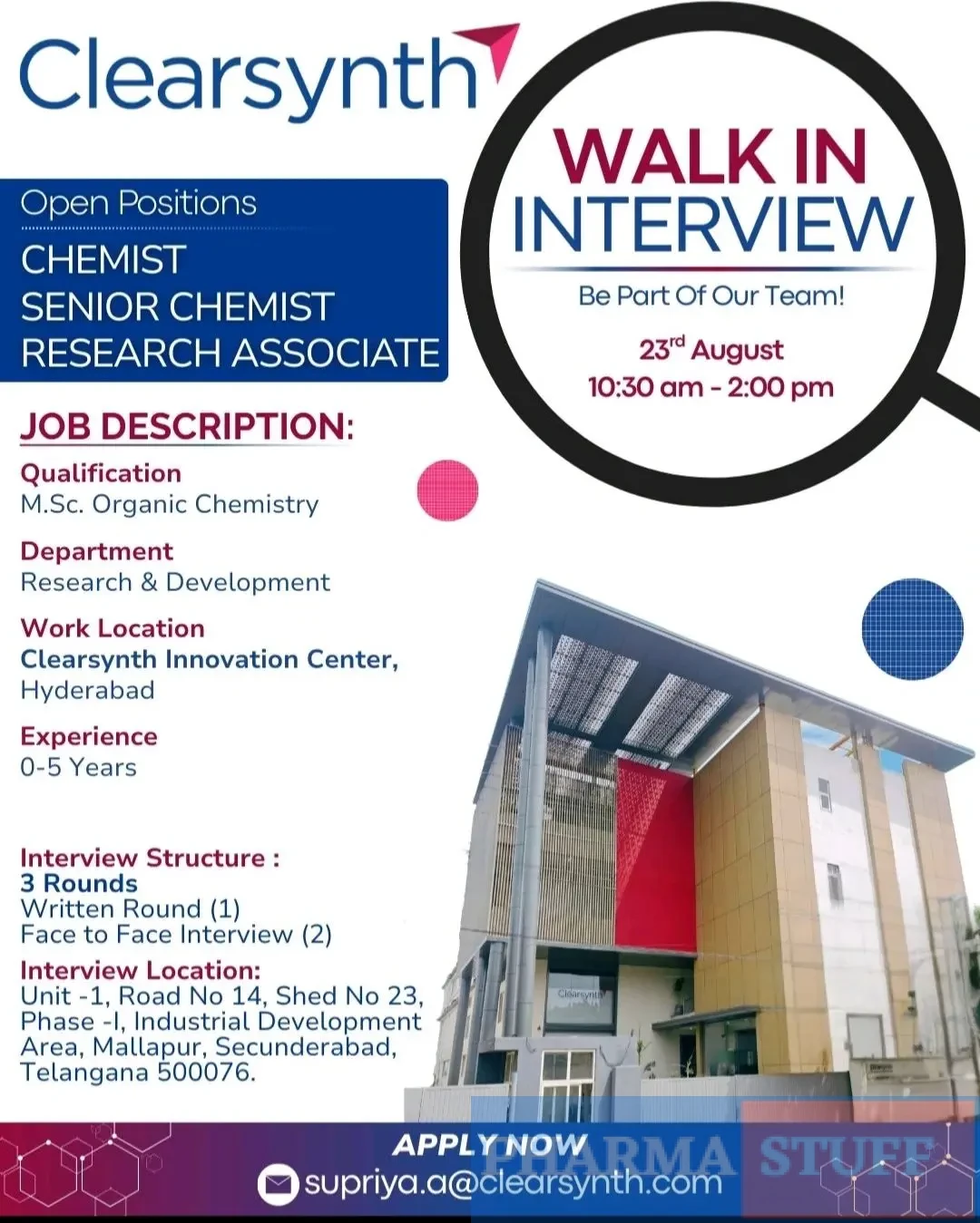 Clearsynth Walk-in Chemist, Senior Chemist, Research Associate